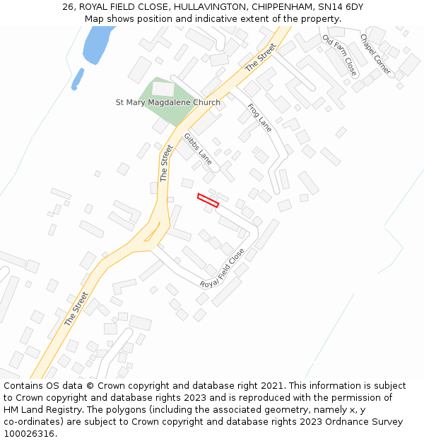 26, ROYAL FIELD CLOSE, HULLAVINGTON, CHIPPENHAM, SN14 6DY: Location map and indicative extent of plot