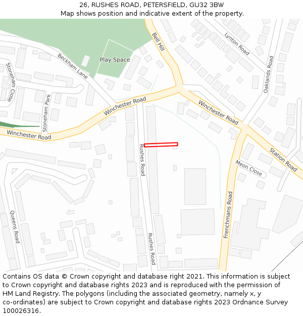 26, RUSHES ROAD, PETERSFIELD, GU32 3BW: Location map and indicative extent of plot