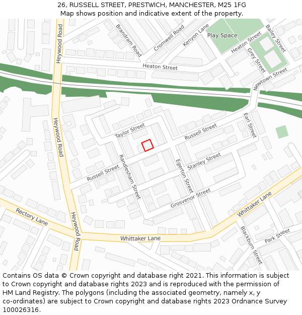 26, RUSSELL STREET, PRESTWICH, MANCHESTER, M25 1FG: Location map and indicative extent of plot