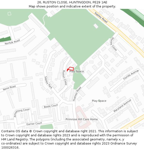 26, RUSTON CLOSE, HUNTINGDON, PE29 1AE: Location map and indicative extent of plot