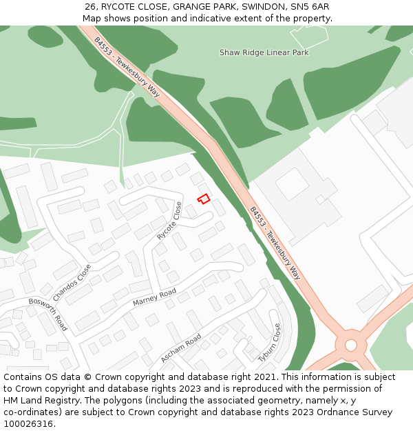 26, RYCOTE CLOSE, GRANGE PARK, SWINDON, SN5 6AR: Location map and indicative extent of plot