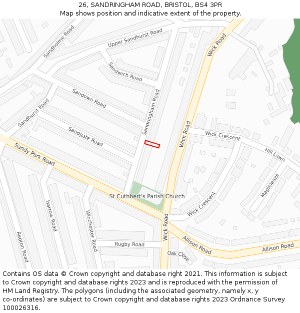 26, SANDRINGHAM ROAD, BRISTOL, BS4 3PR: Location map and indicative extent of plot