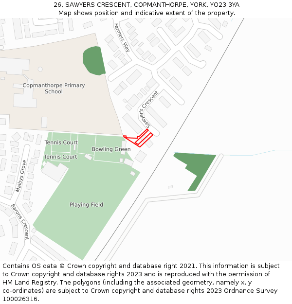 26, SAWYERS CRESCENT, COPMANTHORPE, YORK, YO23 3YA: Location map and indicative extent of plot