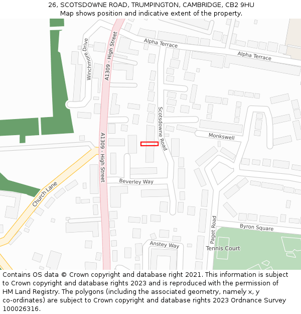 26, SCOTSDOWNE ROAD, TRUMPINGTON, CAMBRIDGE, CB2 9HU: Location map and indicative extent of plot