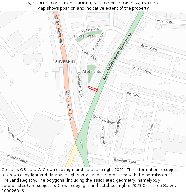26, SEDLESCOMBE ROAD NORTH, ST LEONARDS-ON-SEA, TN37 7DG: Location map and indicative extent of plot