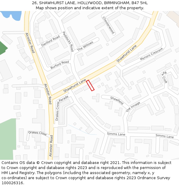 26, SHAWHURST LANE, HOLLYWOOD, BIRMINGHAM, B47 5HL: Location map and indicative extent of plot