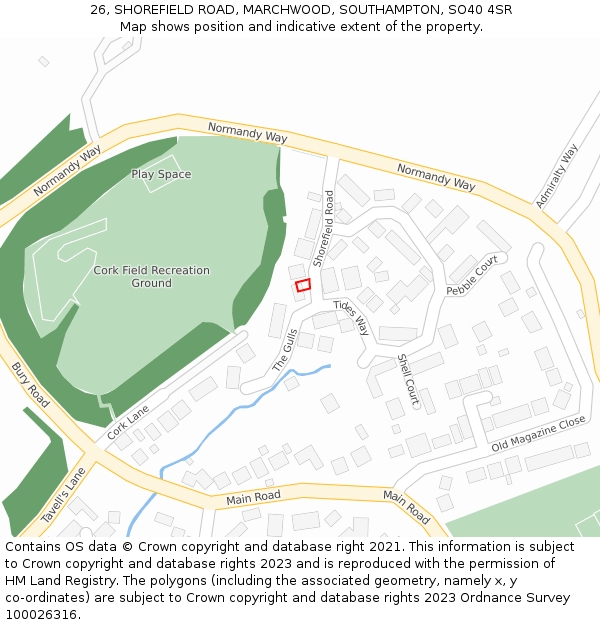 26, SHOREFIELD ROAD, MARCHWOOD, SOUTHAMPTON, SO40 4SR: Location map and indicative extent of plot