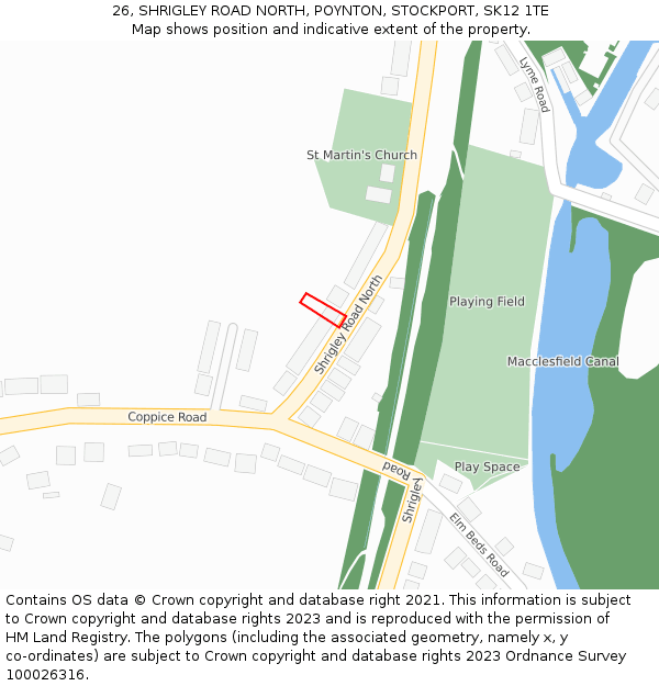26, SHRIGLEY ROAD NORTH, POYNTON, STOCKPORT, SK12 1TE: Location map and indicative extent of plot