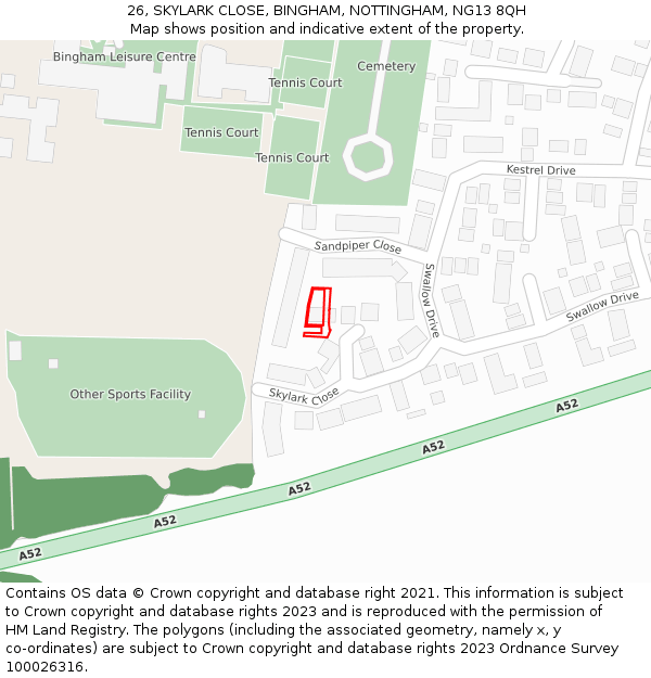 26, SKYLARK CLOSE, BINGHAM, NOTTINGHAM, NG13 8QH: Location map and indicative extent of plot