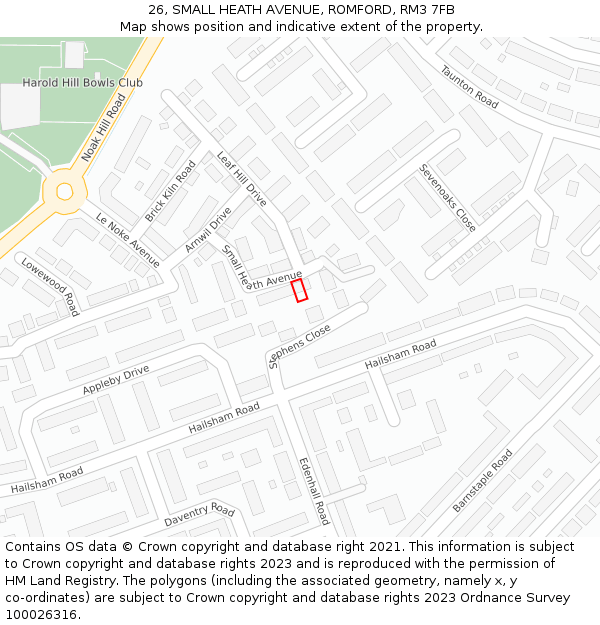26, SMALL HEATH AVENUE, ROMFORD, RM3 7FB: Location map and indicative extent of plot