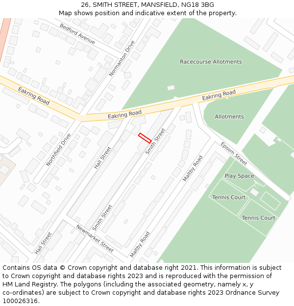 26, SMITH STREET, MANSFIELD, NG18 3BG: Location map and indicative extent of plot