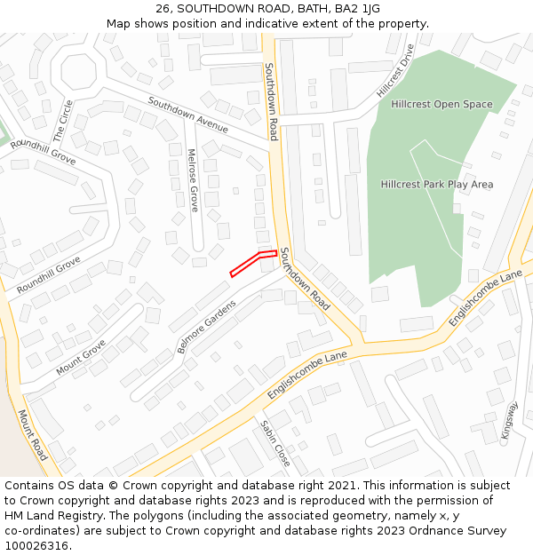 26, SOUTHDOWN ROAD, BATH, BA2 1JG: Location map and indicative extent of plot