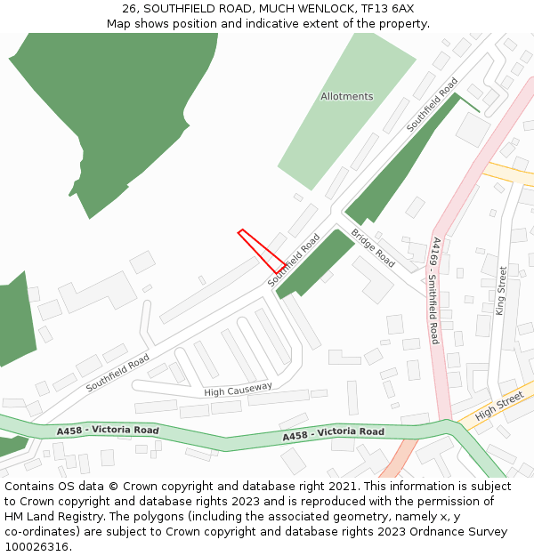 26, SOUTHFIELD ROAD, MUCH WENLOCK, TF13 6AX: Location map and indicative extent of plot