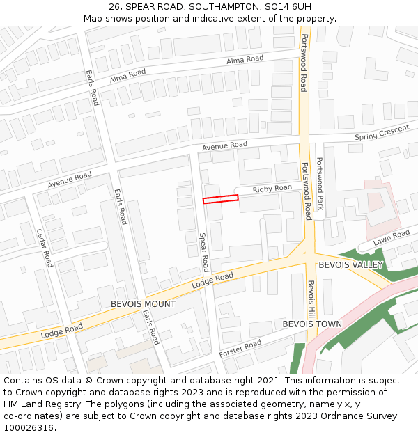 26, SPEAR ROAD, SOUTHAMPTON, SO14 6UH: Location map and indicative extent of plot