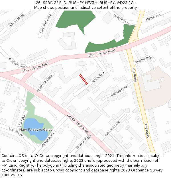 26, SPRINGFIELD, BUSHEY HEATH, BUSHEY, WD23 1GL: Location map and indicative extent of plot