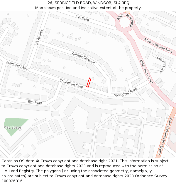 26, SPRINGFIELD ROAD, WINDSOR, SL4 3PQ: Location map and indicative extent of plot