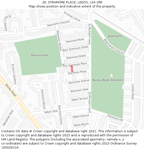 26, STANMORE PLACE, LEEDS, LS4 2RR: Location map and indicative extent of plot