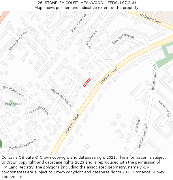 26, STONELEA COURT, MEANWOOD, LEEDS, LS7 2UH: Location map and indicative extent of plot