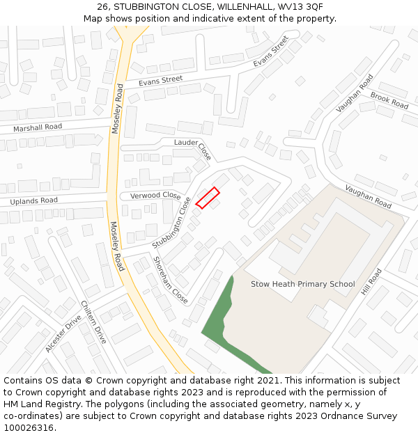 26, STUBBINGTON CLOSE, WILLENHALL, WV13 3QF: Location map and indicative extent of plot