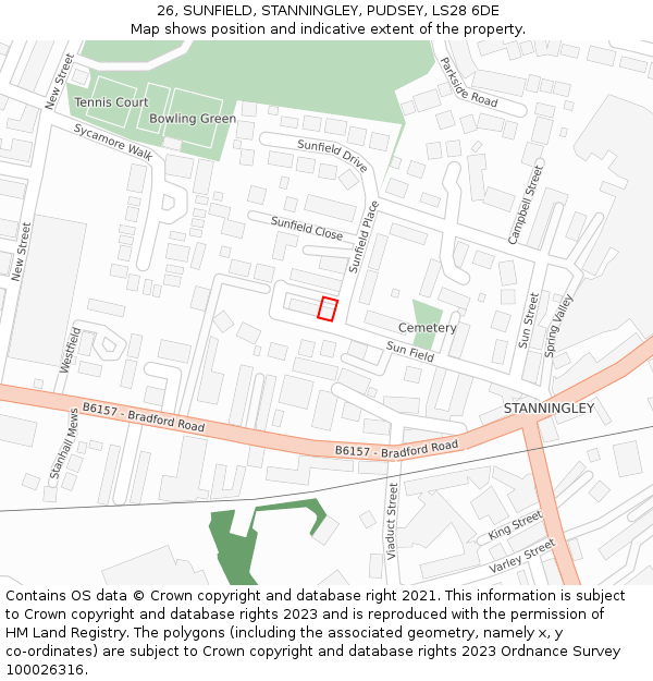 26, SUNFIELD, STANNINGLEY, PUDSEY, LS28 6DE: Location map and indicative extent of plot