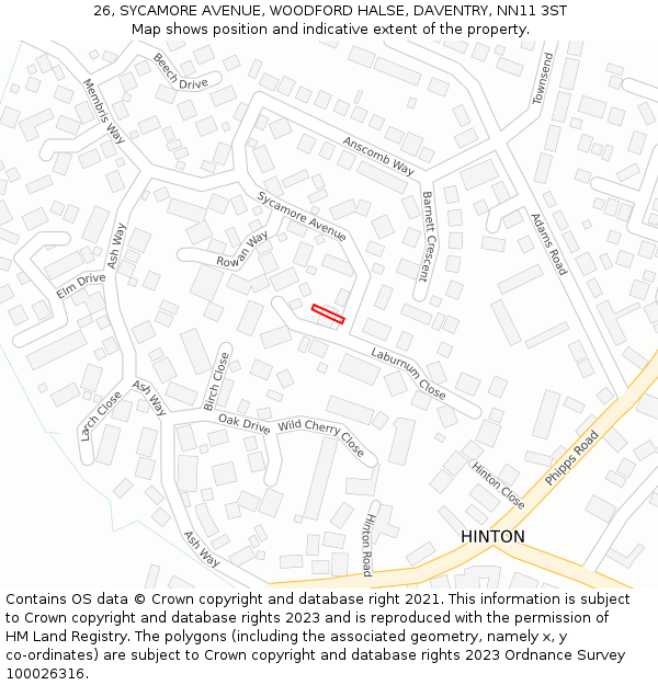 26, SYCAMORE AVENUE, WOODFORD HALSE, DAVENTRY, NN11 3ST: Location map and indicative extent of plot