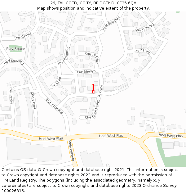 26, TAL COED, COITY, BRIDGEND, CF35 6QA: Location map and indicative extent of plot