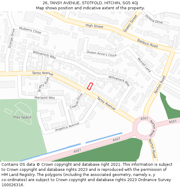 26, TANSY AVENUE, STOTFOLD, HITCHIN, SG5 4GJ: Location map and indicative extent of plot