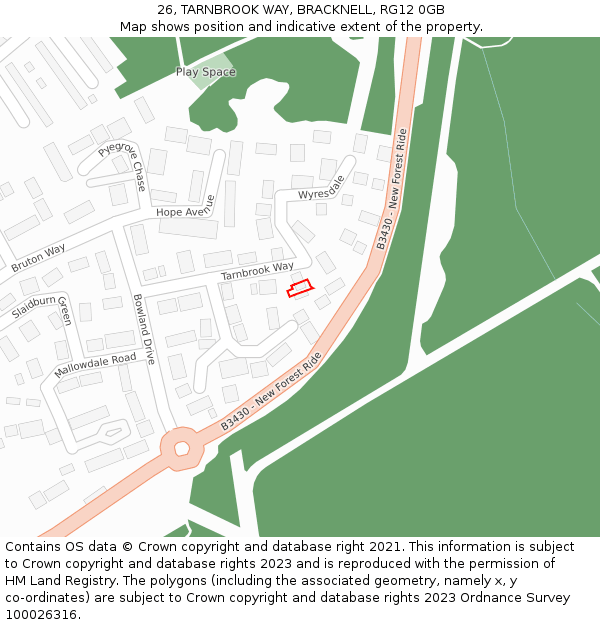 26, TARNBROOK WAY, BRACKNELL, RG12 0GB: Location map and indicative extent of plot