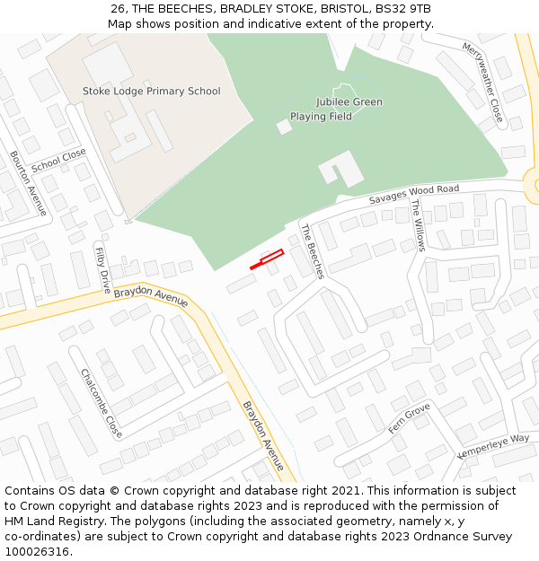 26, THE BEECHES, BRADLEY STOKE, BRISTOL, BS32 9TB: Location map and indicative extent of plot