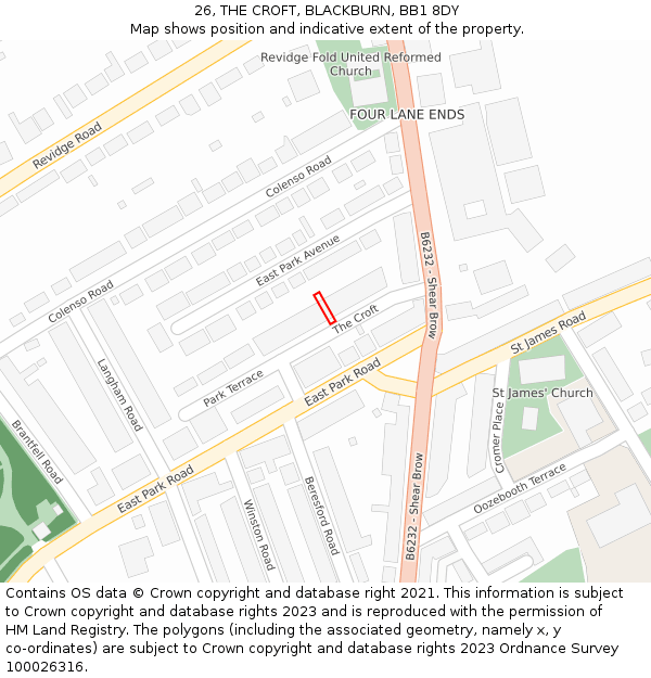 26, THE CROFT, BLACKBURN, BB1 8DY: Location map and indicative extent of plot