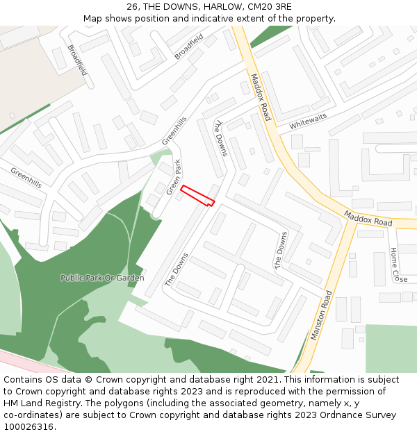 26, THE DOWNS, HARLOW, CM20 3RE: Location map and indicative extent of plot