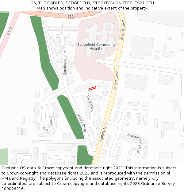 26, THE GABLES, SEDGEFIELD, STOCKTON-ON-TEES, TS21 3EU: Location map and indicative extent of plot