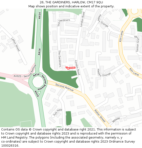 26, THE GARDINERS, HARLOW, CM17 9QU: Location map and indicative extent of plot