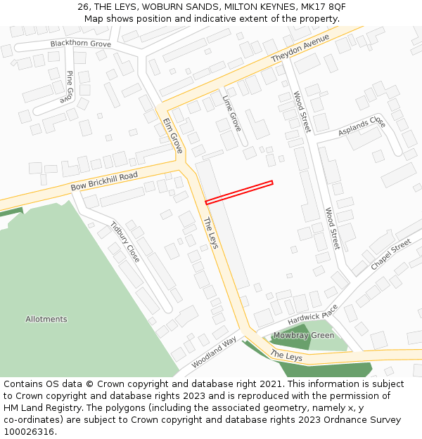 26, THE LEYS, WOBURN SANDS, MILTON KEYNES, MK17 8QF: Location map and indicative extent of plot
