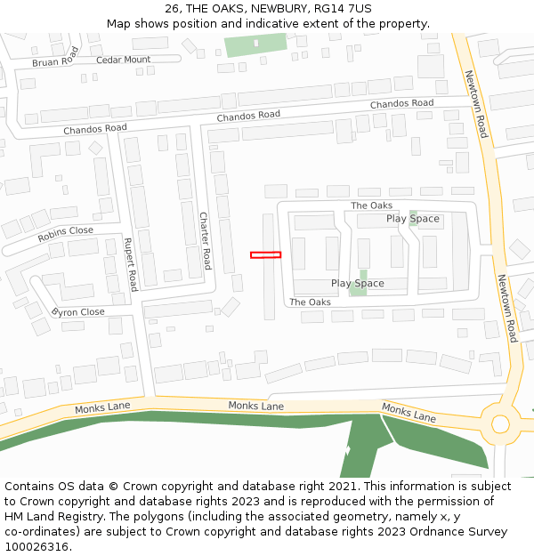 26, THE OAKS, NEWBURY, RG14 7US: Location map and indicative extent of plot