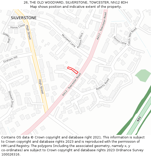 26, THE OLD WOODYARD, SILVERSTONE, TOWCESTER, NN12 8DH: Location map and indicative extent of plot
