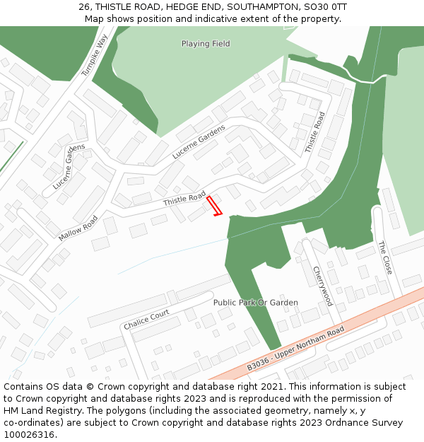 26, THISTLE ROAD, HEDGE END, SOUTHAMPTON, SO30 0TT: Location map and indicative extent of plot