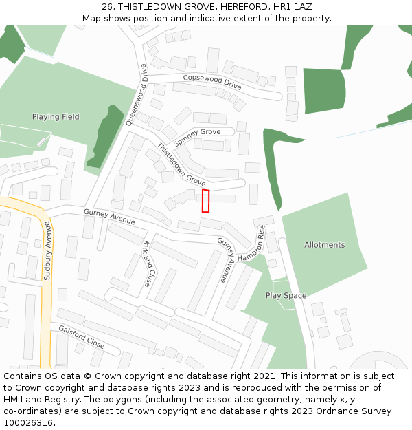 26, THISTLEDOWN GROVE, HEREFORD, HR1 1AZ: Location map and indicative extent of plot