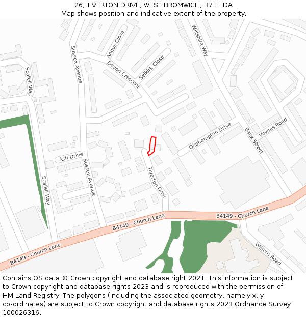 26, TIVERTON DRIVE, WEST BROMWICH, B71 1DA: Location map and indicative extent of plot