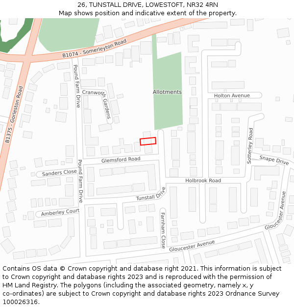 26, TUNSTALL DRIVE, LOWESTOFT, NR32 4RN: Location map and indicative extent of plot