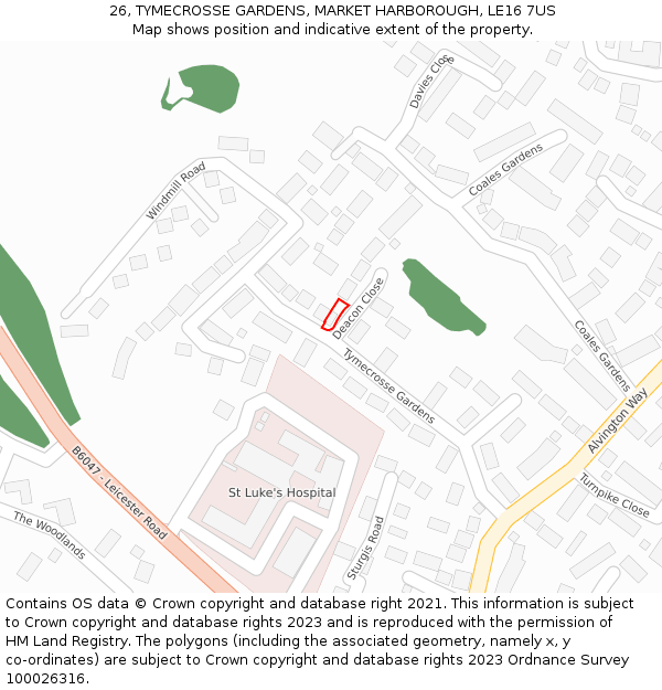 26, TYMECROSSE GARDENS, MARKET HARBOROUGH, LE16 7US: Location map and indicative extent of plot