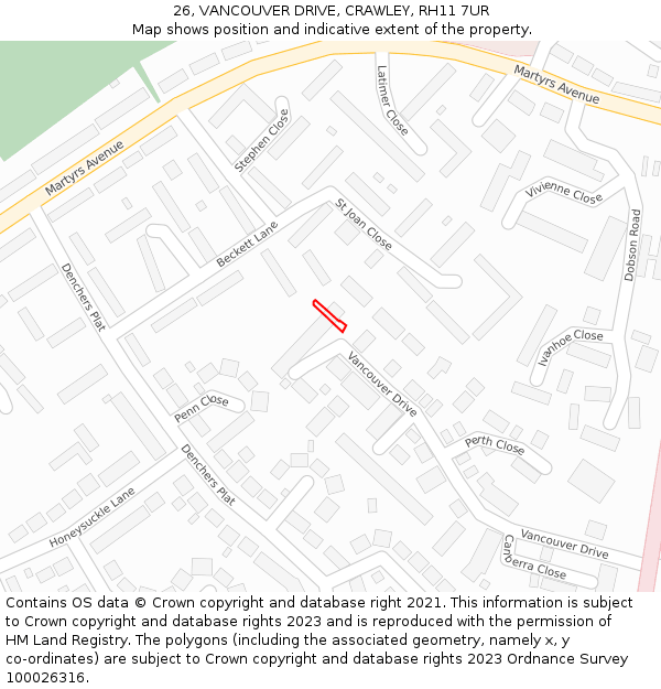 26, VANCOUVER DRIVE, CRAWLEY, RH11 7UR: Location map and indicative extent of plot