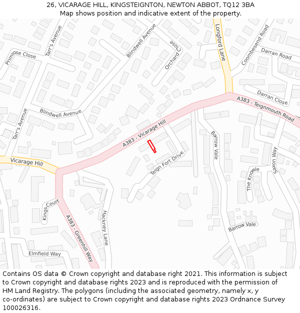 26, VICARAGE HILL, KINGSTEIGNTON, NEWTON ABBOT, TQ12 3BA: Location map and indicative extent of plot