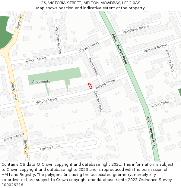 26, VICTORIA STREET, MELTON MOWBRAY, LE13 0AS: Location map and indicative extent of plot