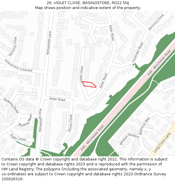 26, VIOLET CLOSE, BASINGSTOKE, RG22 5NJ: Location map and indicative extent of plot