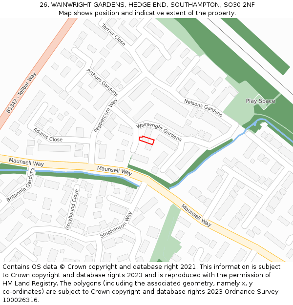 26, WAINWRIGHT GARDENS, HEDGE END, SOUTHAMPTON, SO30 2NF: Location map and indicative extent of plot