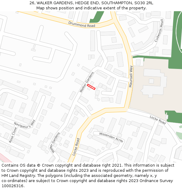 26, WALKER GARDENS, HEDGE END, SOUTHAMPTON, SO30 2RL: Location map and indicative extent of plot