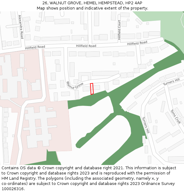 26, WALNUT GROVE, HEMEL HEMPSTEAD, HP2 4AP: Location map and indicative extent of plot