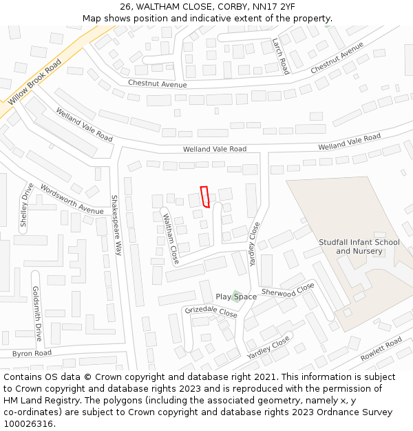 26, WALTHAM CLOSE, CORBY, NN17 2YF: Location map and indicative extent of plot