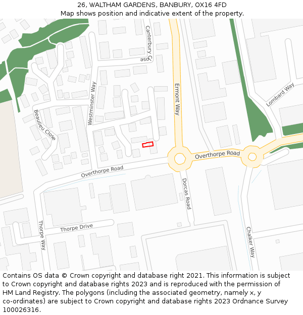 26, WALTHAM GARDENS, BANBURY, OX16 4FD: Location map and indicative extent of plot
